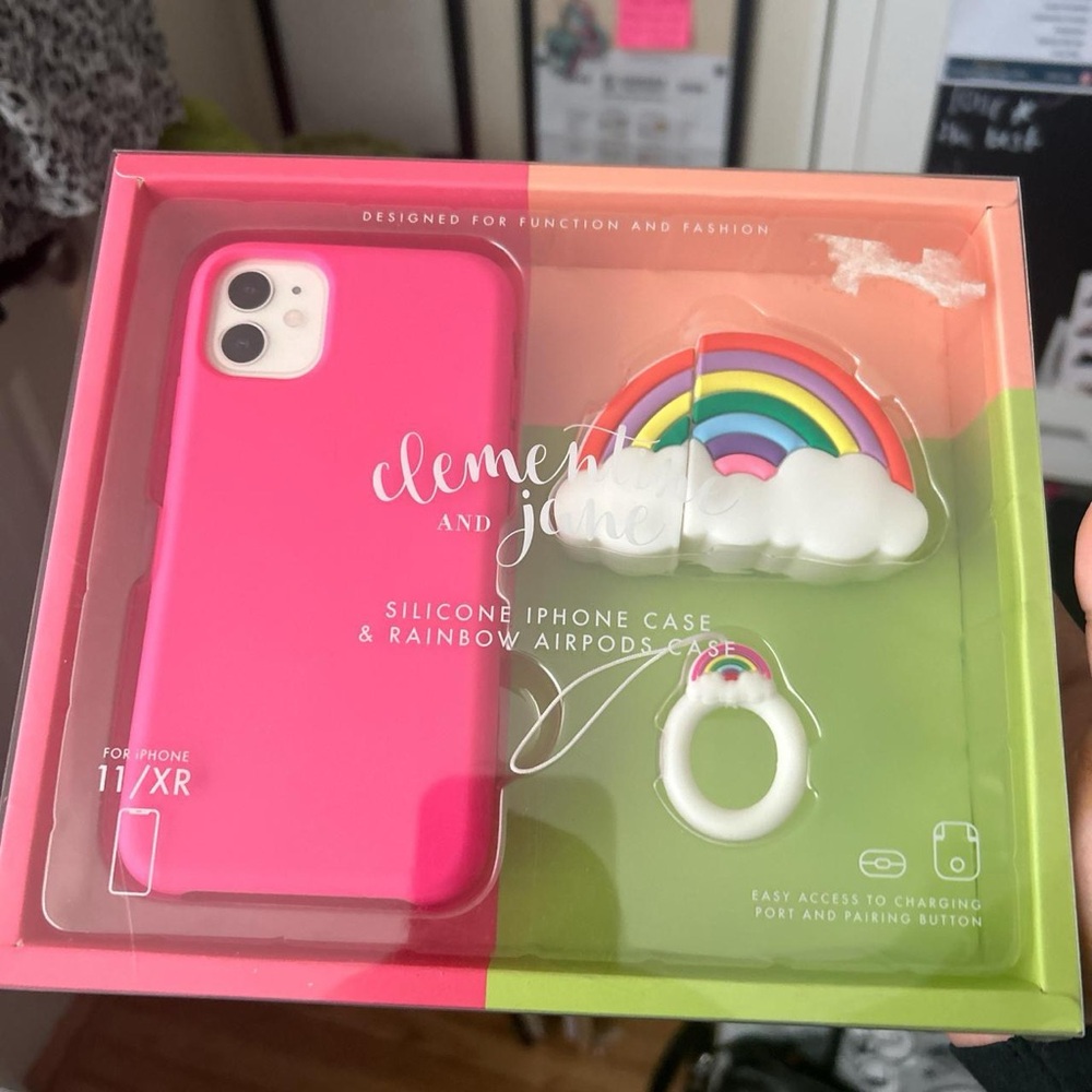Vibrant Pink iPhone 11/XR Case with Rainbow AirPods Holder